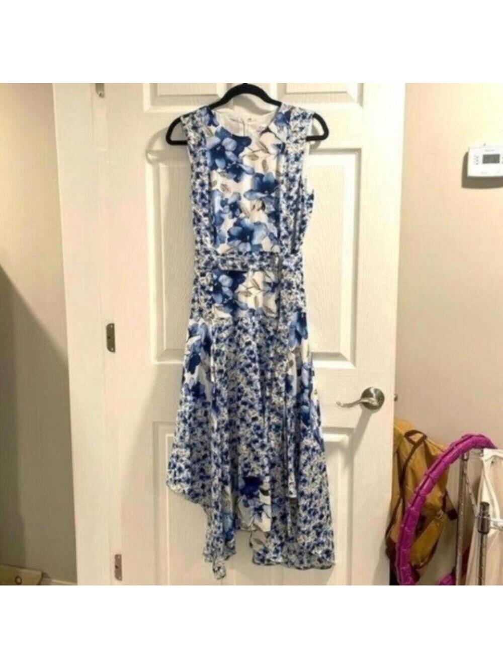 NWT Calvin Klein Blue Floral Sleeveless Drop Waist Handkerchief Hem Midi